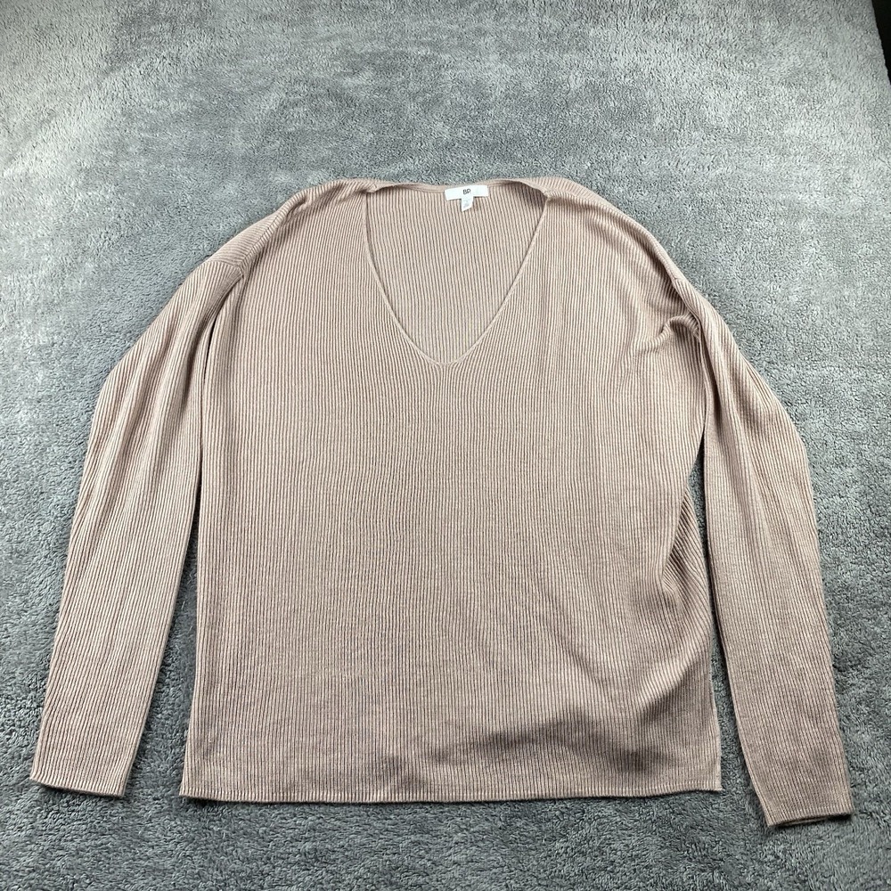 BP. Nordstrom V-Neck Ribbed Stitch‎ Shirt Womens Small Beige Long Sleeve
